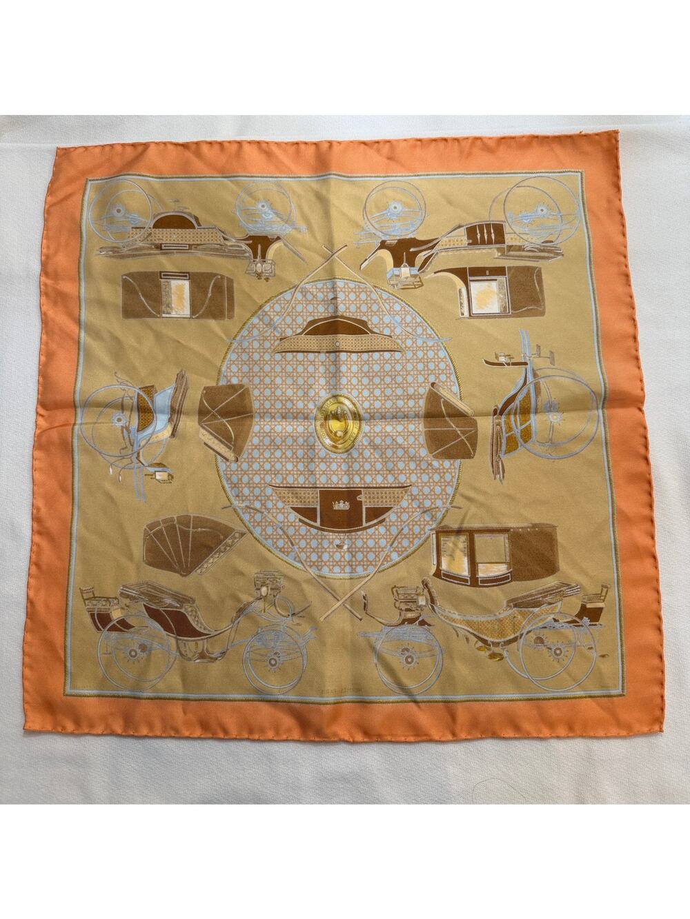 Vintage & RARE Hermès Paris “Carrosses d’Or” 100% Silk Pocket Square  circa 961